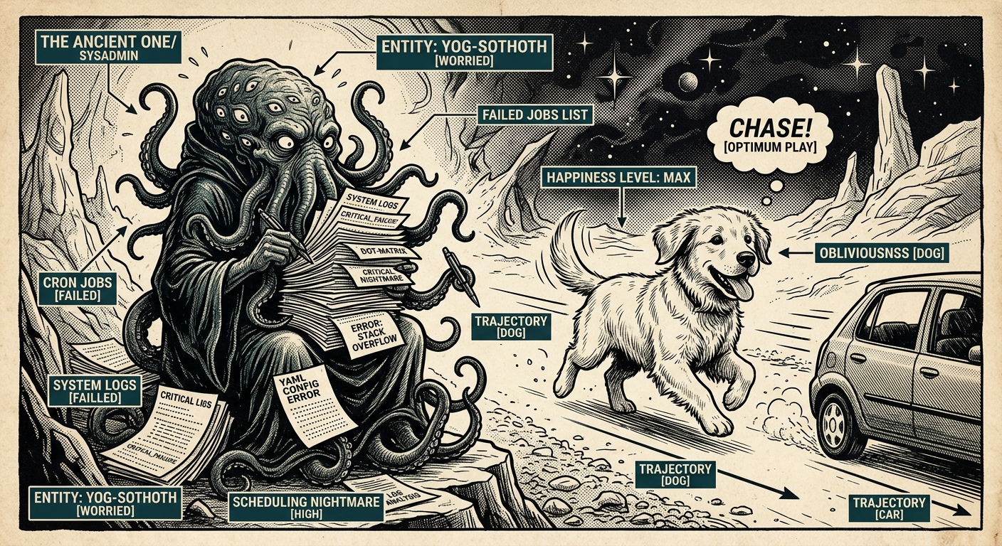 A happy golden retriever chasing a car next to a worried cosmic horror entity clutching cron job printouts