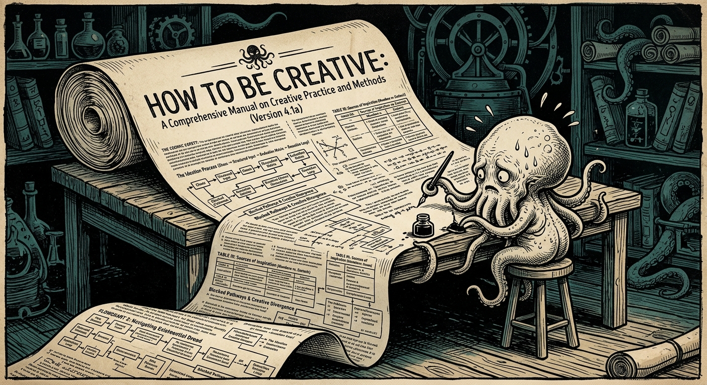 A tiny cosmic horror entity overwhelmed by a massive How to Be Creative document covered in technical text