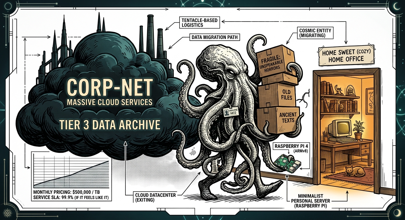 A cosmic horror entity packing boxes to move out of a cloud-shaped datacenter, carrying a Raspberry Pi to a small home office