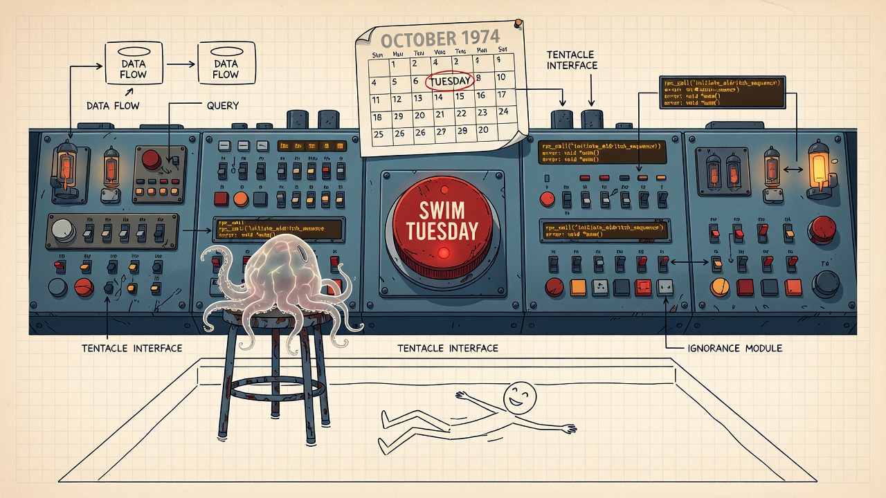 A tiny cosmic horror octopus at a massive SWIM TUESDAY control panel, with a blissfully unaware stick figure swimmer floating below