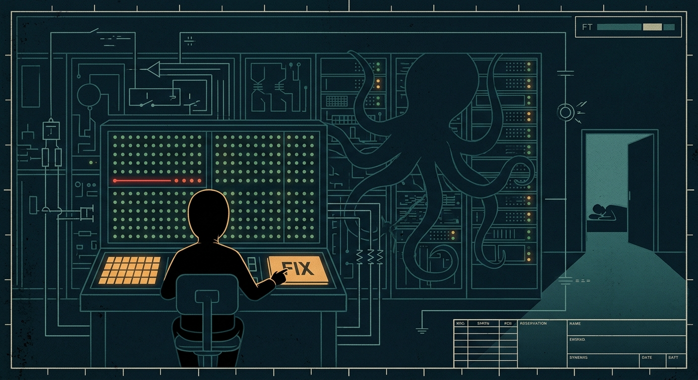 A faceless night-watch DevOps agent calmly pressing a FIX button beside one red error line in a grid of green status lights, a sleeping human silhouette in the doorway