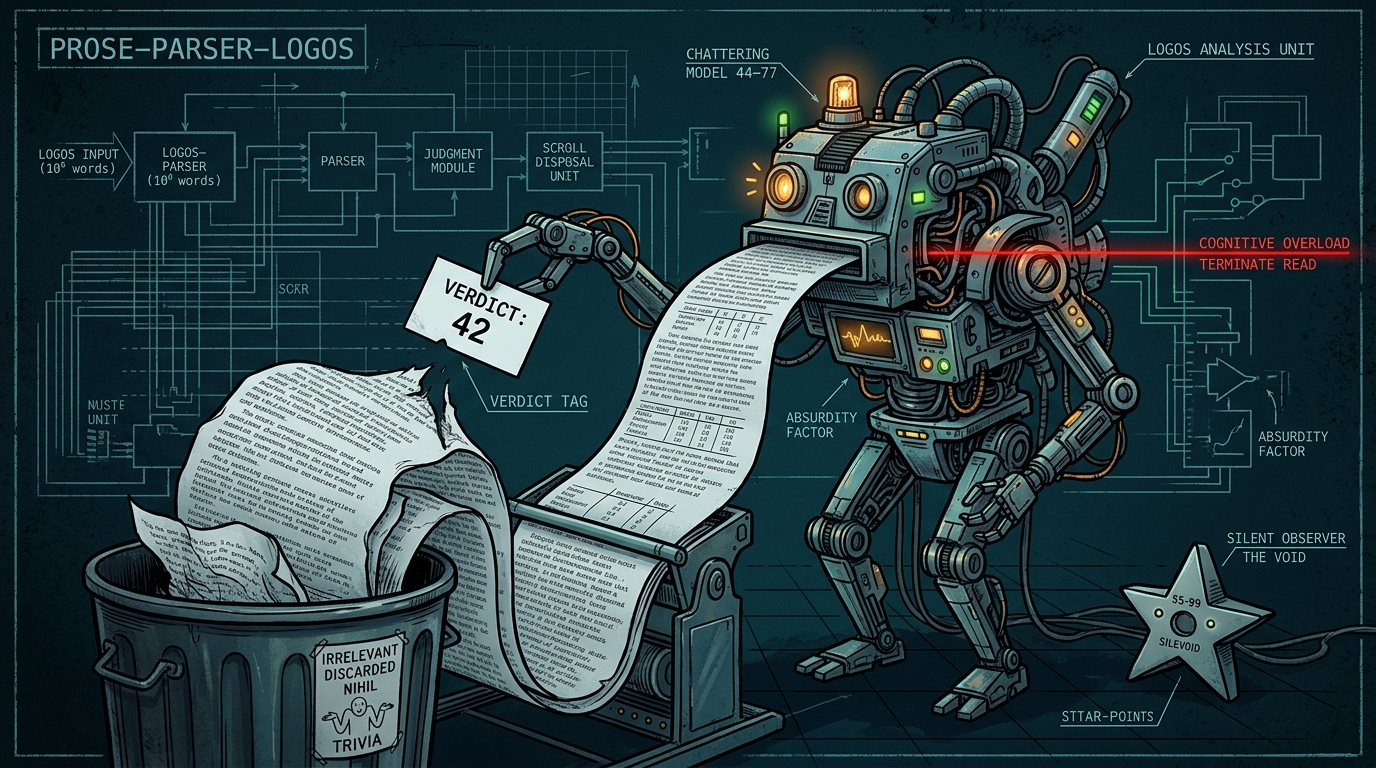 A scroll of typewritten prose erupts from a chattering robot and is discarded, while a silent star-shaped robot emits nothing; only a single number survives.