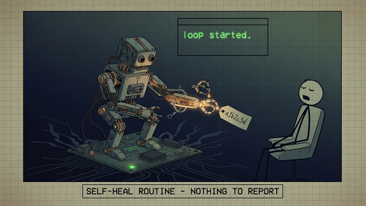 A small daemon robot on a Raspberry Pi stitches a fresh glowing part onto its own broken arm, pulled from a git commit, while a log line reads 'loop started' and a human sleeps in a chair.